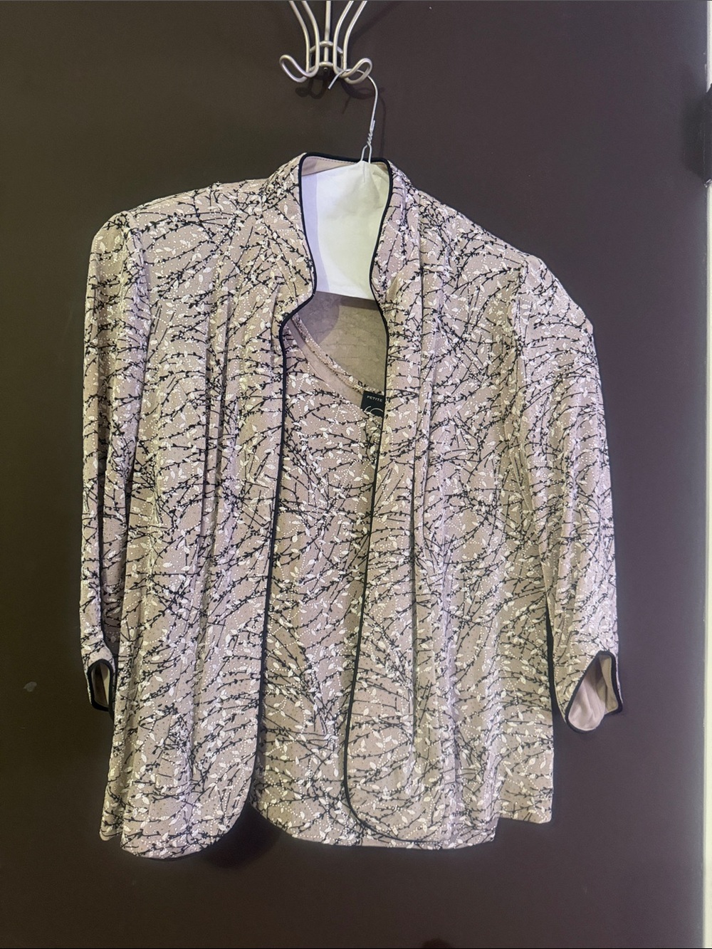 Alex Evenings Light Pink Abstract Open-Front Cardigan with Black Trim